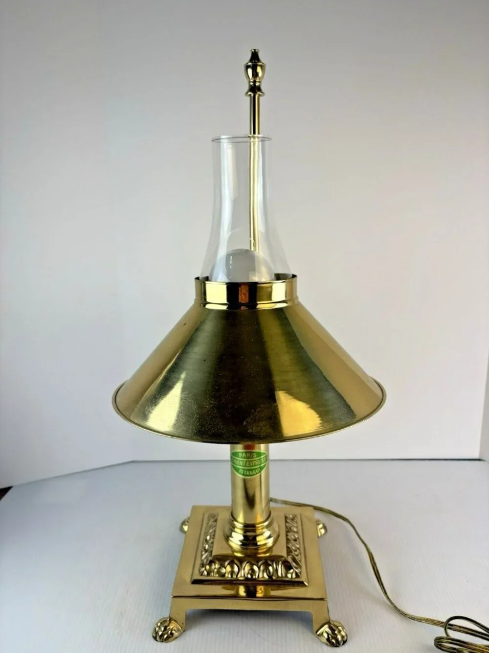 Vintage Brass Paris Istanbul Orient Express Clawfoot Table Lamp, Works, Adj.